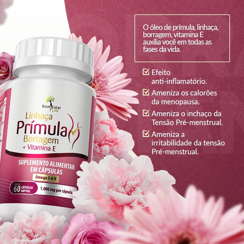 PRÍMULA, LINHAÇA E BORRAGEM + VITAMINA E - 60 CÁPSULAS 